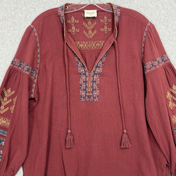 WRAP London Floral Embroidered Peasant Top Size US 14 Tassel Tie Bohemian - Picture 2 of 15